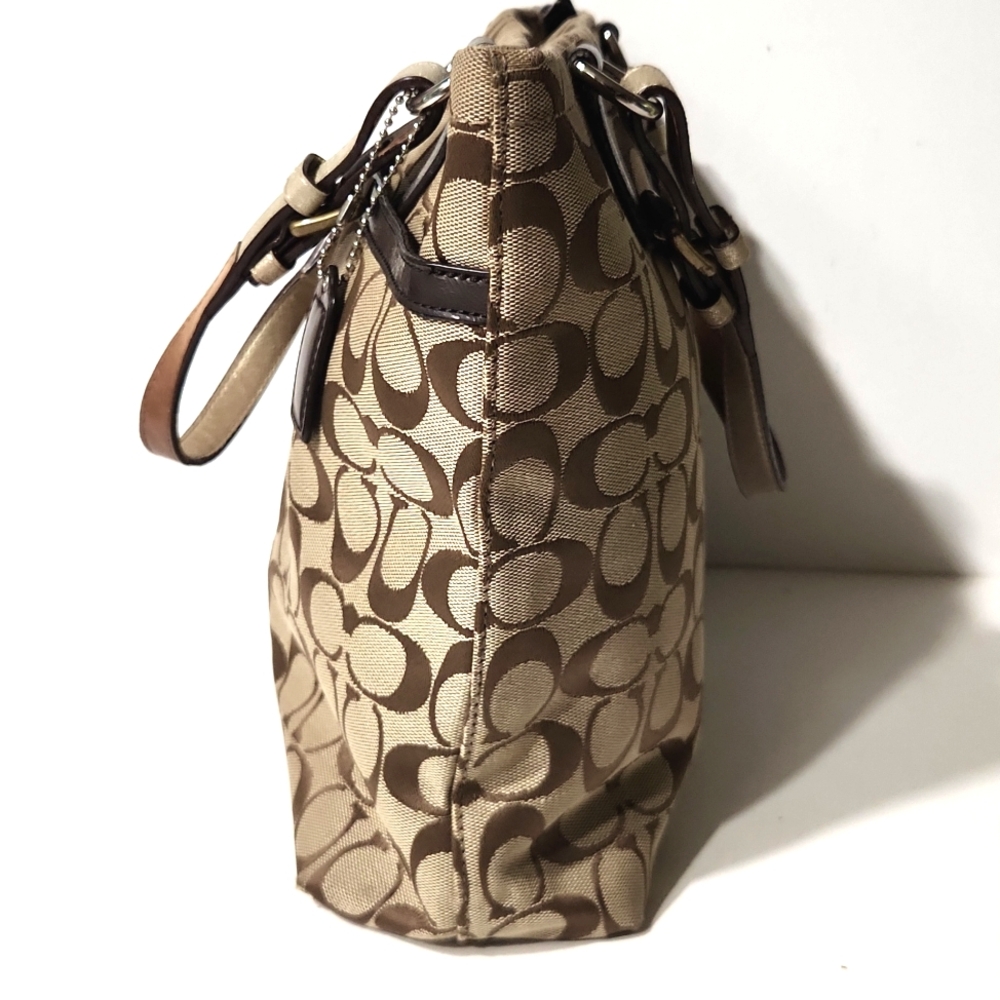 Coach Signature C Stripe Brown Khaki Canvas Shoulder Bag Tote - Picture 11 of 16